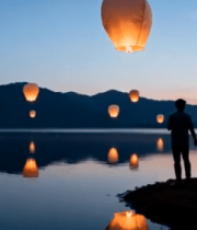 湖畔情侣放飞孔明灯场景10158#横屏 