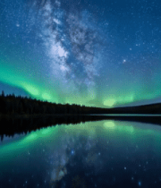 湖面夜空极光与森林全景5272#横屏 