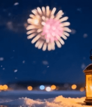 雪地灯笼旁绽放的烟花(1)8695#横屏 