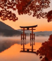 红叶下湖中的日式鸟居景观14364#横屏 