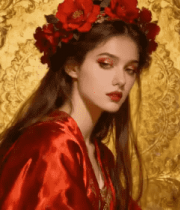 红衣女子头戴花环背景金色15074#横屏 