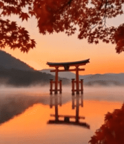 红叶下湖中的日式鸟居景观14364#横屏 