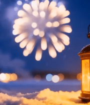 雪地灯笼旁绽放的烟花5568#横屏 