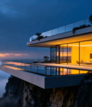 悬崖边现代别墅黄昏全景11656#横屏 
