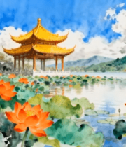	 荷花湖上古风亭水彩画素材9193#横屏 