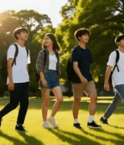 校园内学生结伴行走6182#横屏 