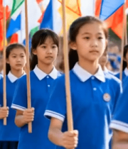 小学生持彩旗列队行进8500#横屏 