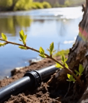 河边树桩旁新生绿枝景象6030#横屏 