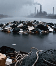 河流上漂浮的垃圾与工厂背景2119#横屏 