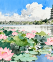 荷花池畔古塔风景3148#横屏 