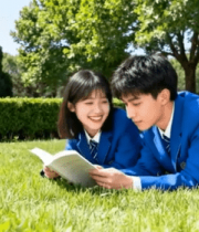 校园学生草地共读画面14455#横屏 