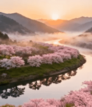 河畔樱花盛开日出风光5301#横屏 