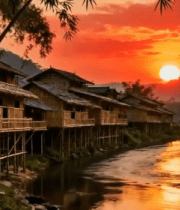 河边木屋夕阳自然风光9355#横屏 