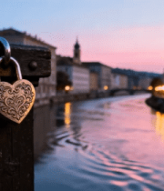 河畔栏杆爱心锁浪漫景象6723#横屏 