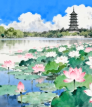 荷花湖景与远处宝塔风景809#横屏 