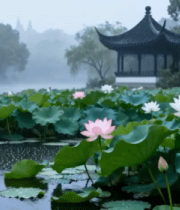 荷塘中式亭子自然风光(1)13500#横屏 