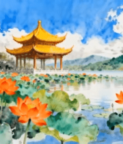 荷花湖上古风亭水彩画素材9193#横屏 