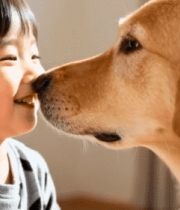 小孩与金毛犬亲密互动画面4209#横屏 