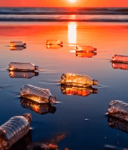 海滩上的塑料瓶夕阳景象 ()4287#横屏 