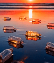 海滩上的塑料瓶夕阳景象 ()4287#横屏 