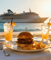 海滩餐桌美食与游轮风景5228#横屏 