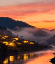 乡村河畔日出风光14000#横屏 