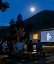乡村户外夜晚集体观影场景11476#横屏 