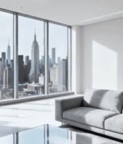 现代客厅内钢琴与城市景观6701#横屏 