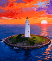 海上灯塔日落油画风景8281#横屏 