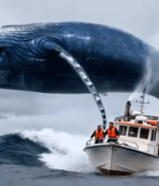 海面上鲸鱼跃出船旁景象537#横屏 