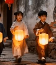 	 孩童古巷手持灯笼行走画面13695#横屏 