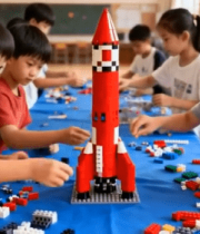 孩子们在教室拼搭乐高火箭1389#横屏 