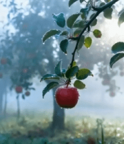 果园红苹果挂枝带露珠景象10802#横屏 