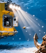 海底黄色潜水器与生锈船锚9747#横屏 