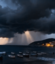 海边乌云下的渔村景象12464#横屏 