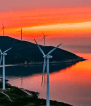 	 海边山丘风力发电机日落景观1627#横屏 