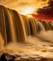 夕阳下壮观的瀑布景观6055#横屏 