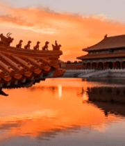 故宫夕阳下古建筑与水面景观1369#横屏 