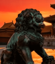 故宫石狮子与古建筑黄昏景象5148#横屏 