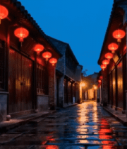 古镇夜景红灯笼街道画面5559#横屏 