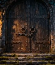 古朴带锁木门与绿植风景85#横屏 