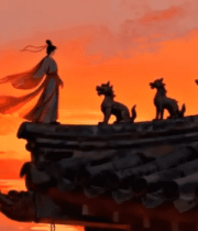 古装人物立于古建筑屋顶夕阳场景15005#横屏 