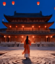 古装女子于古建前赏孔明灯9746#横屏 