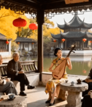 古亭中女子弹琵琶众人围坐聆听3720#横屏 