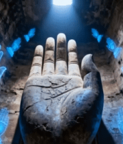 	 古遗址中发光虚拟手环绕大手2136#横屏 