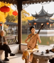 古亭中女子弹奏琵琶众人聆听11306#横屏 