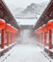 古建筑雪景中红色灯笼长廊5364#横屏 