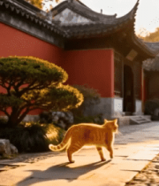 古建筑庭院中行走的橘猫1100#横屏 