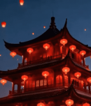 古建筑上空放飞孔明灯场景14023#横屏 