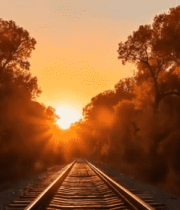 夕阳下铁轨与树林风景873#横屏 